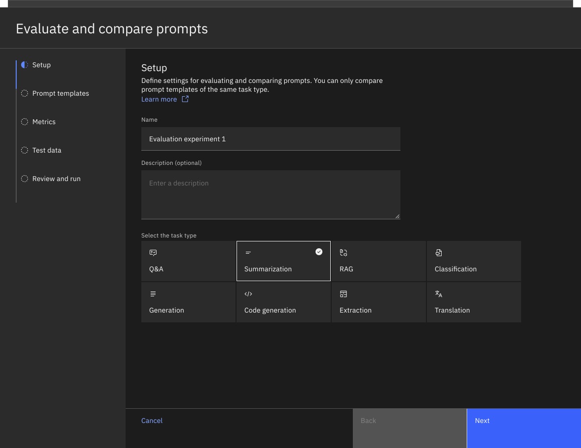 Setup screen showing task types